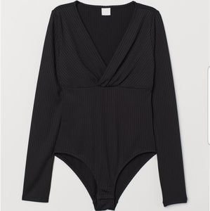 Black Ribbed V-Neck Bodysuit